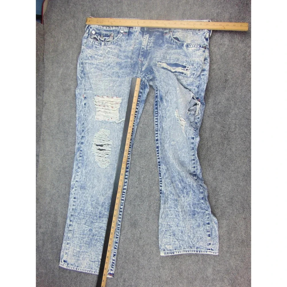 True Religion Jeans Mens 42x32 Blue Acid Wash Distressed Flap Pocket Y2K Grunge